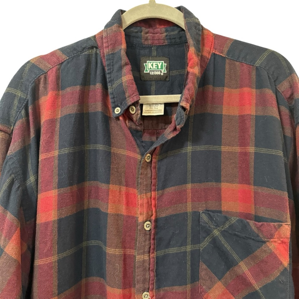 KEY Industries mens flannel shirt 2XL red navy plaid button up workwear